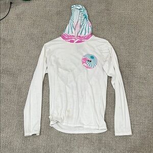 White Long Sleeve Hoodie with Pink and Blue Accents